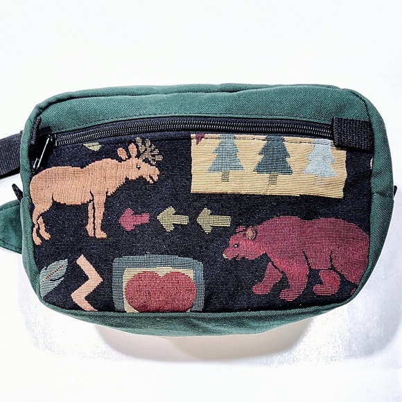 Vintage Fanny Waist Pack Crossbody Bag Green Cordura Moose Bear Tapestry Med Lrg - Picture 3 of 11